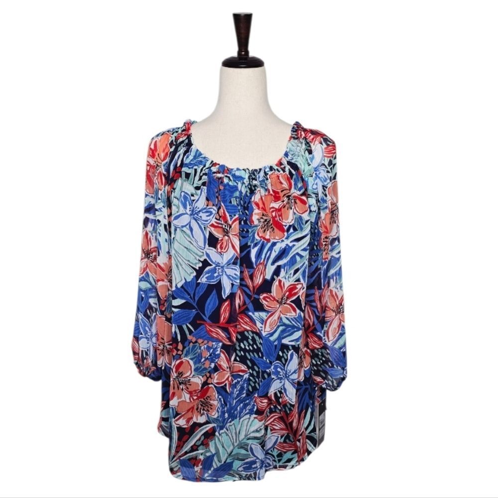 Jones New York Multi Color Floral Printed Smocked-Neck Blouse Size LP - Picture 2 of 10